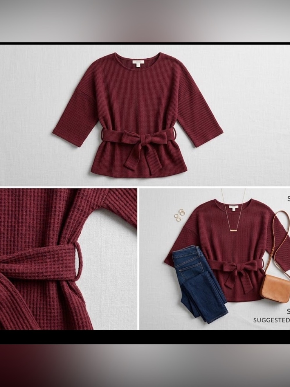 Mango Burgundy Waffle-Knit Belted Sweatshirt